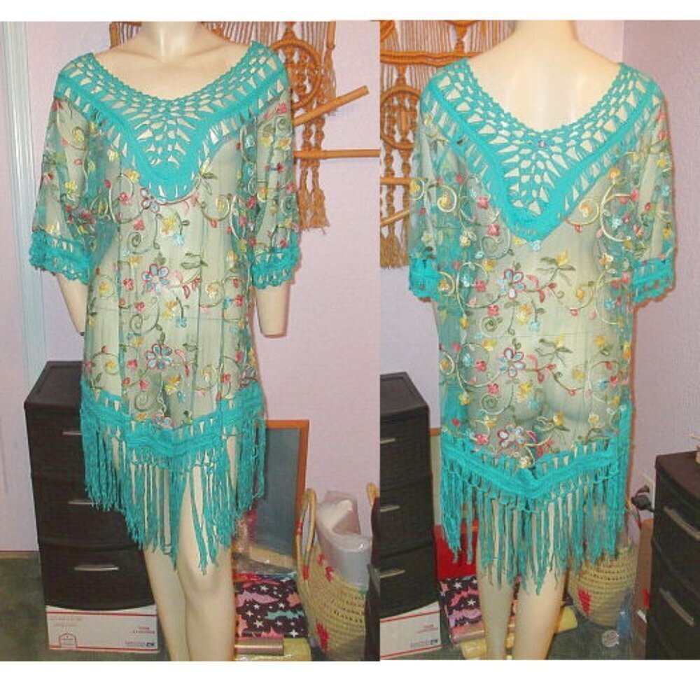 Sheer Mesh Embroidered Dress Size 1X Crochet Fringe Coverup Boho Festival Resort